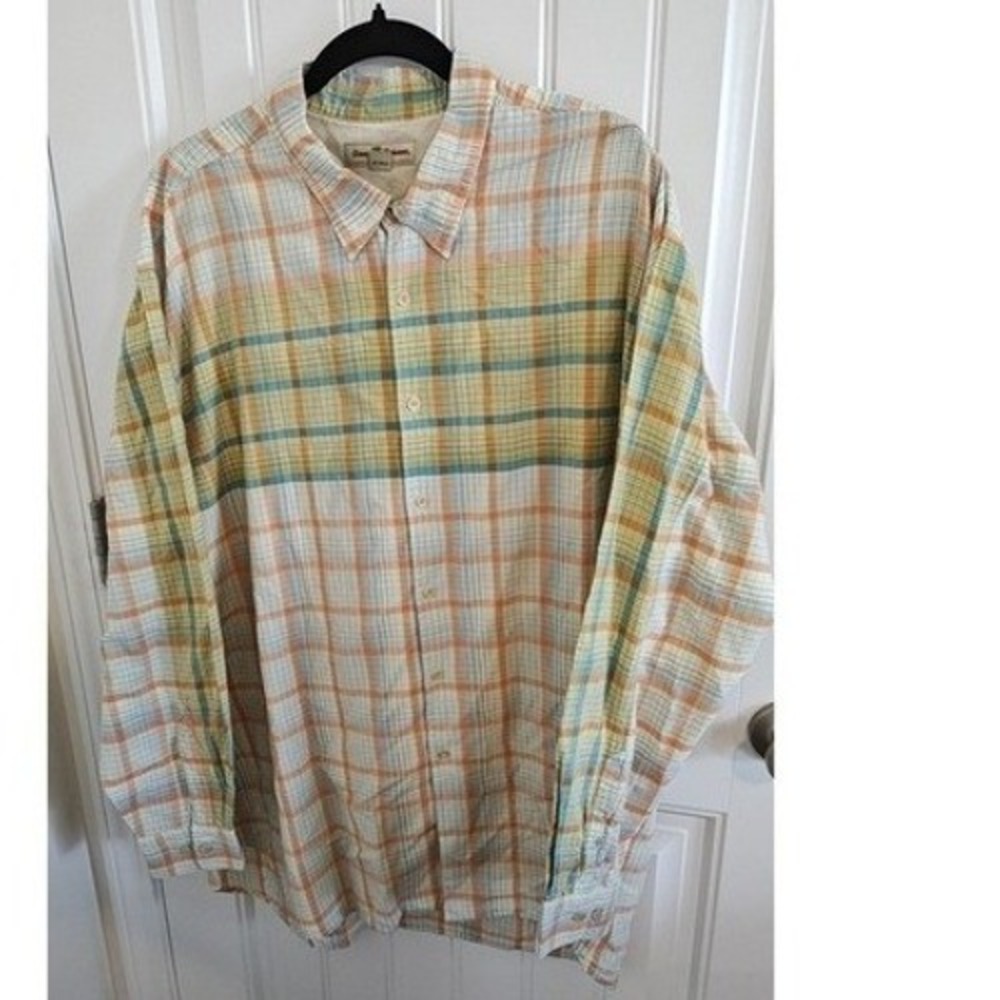 Mens XXL‎ Tommy Bahama Plaid Tencel Cotton Orange Blue Long Sleeve Shirt Exc